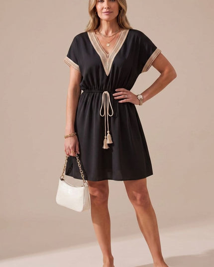 Women's Mini Summer Dress with Lace Trimmed V Neck