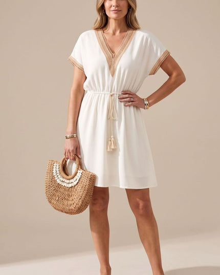Women's Mini Summer Dress with Lace Trimmed V Neck