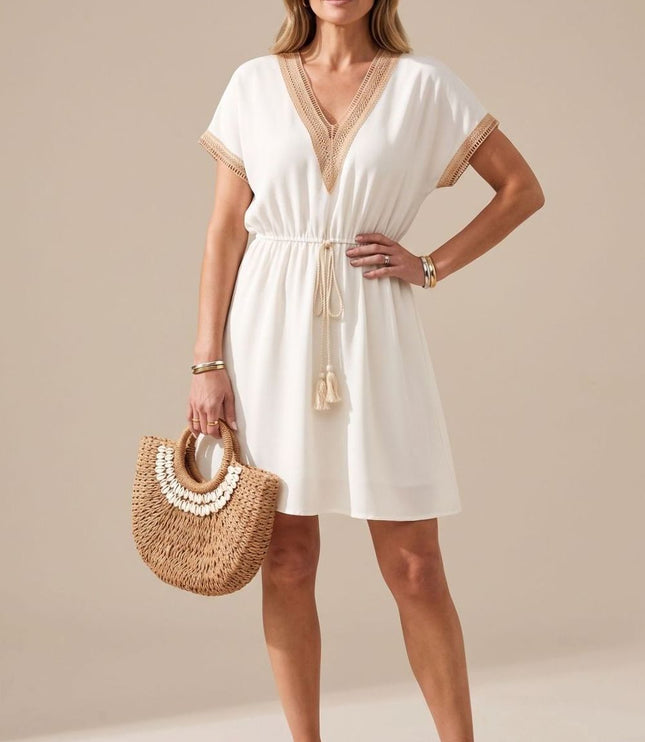Women's Mini Summer Dress with Lace Trimmed V Neck