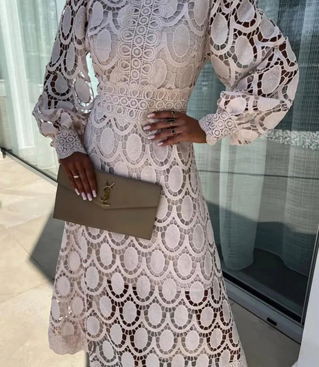 Taupe lace midi dress with mock neck and voluminous puffed sleeves, scalloped lace detail