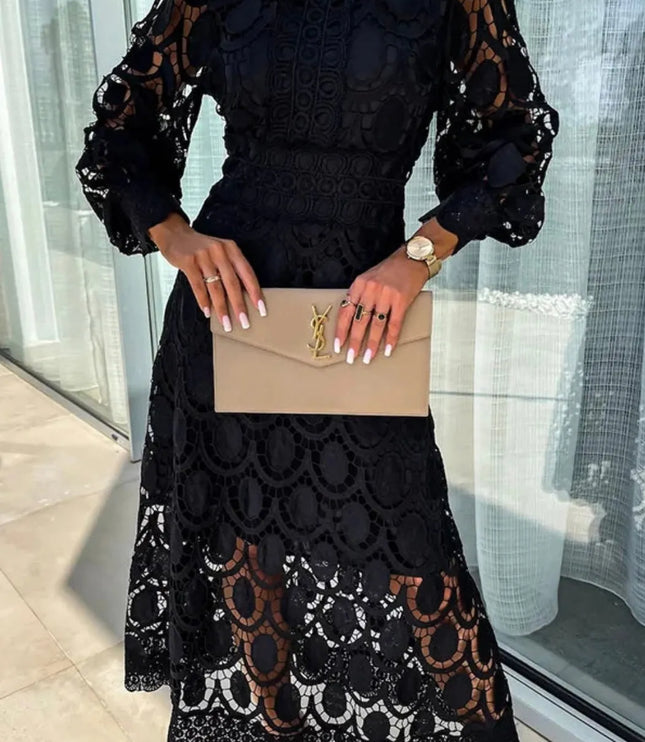 Black lace midi dress with mock neck and puffed sleeves, intricate scallop lace overlay