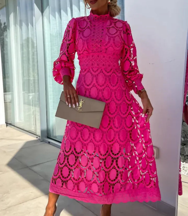 pink lace midi dress with mock neck and tiered puffed sleeves, ornamental lace design