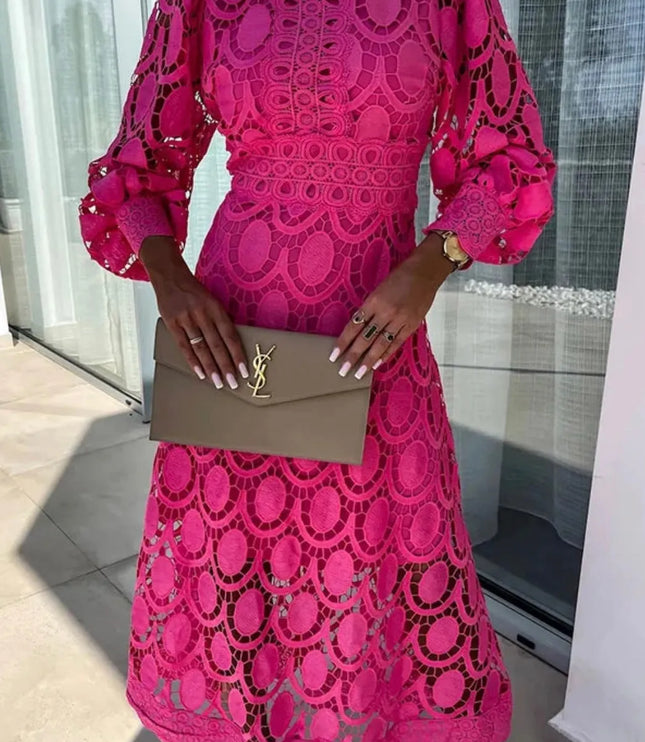 Fuchsia lace midi dress with mock neck and puffed sleeves, ornate circular pattern