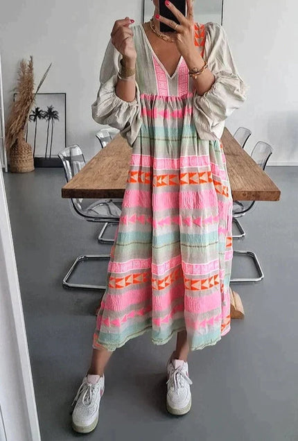 Women's Multicolor Print Tiered Maxi Dress with Bishop Sleeves