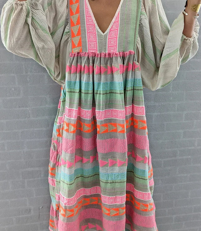 Women's Multicolor Print Tiered Maxi Dress with Bishop Sleeves