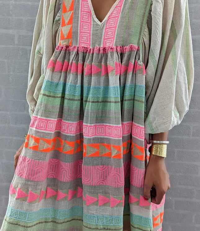 Women's Multicolor Print Tiered Maxi Dress with Bishop Sleeves