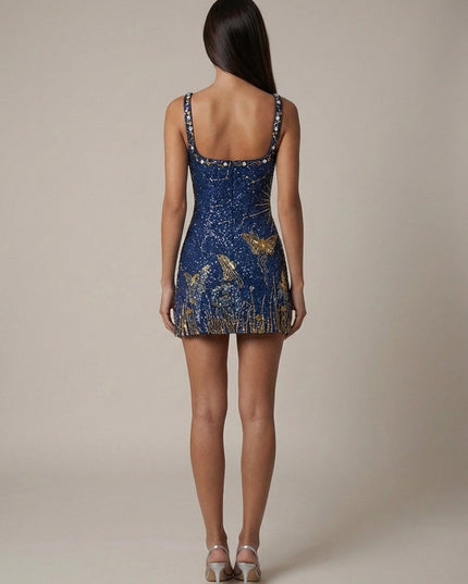 Women's Navy Sequin Square Neck Homecoming Mini Dress