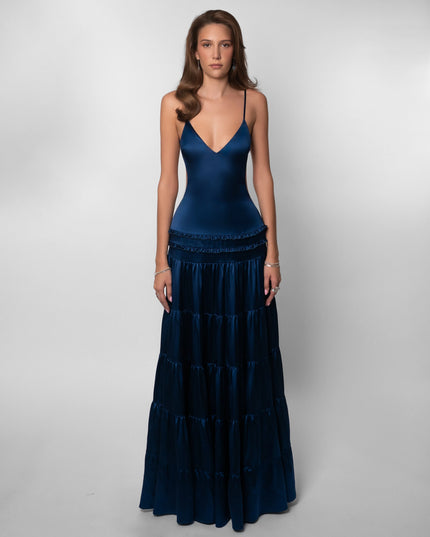 Navy v-neck maxi dress with tiered ruffled skirt and thin straps