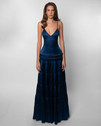 Navy v-neck maxi dress with tiered ruffled skirt and thin straps