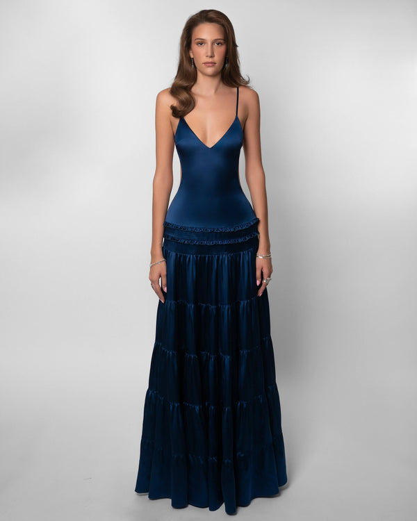Navy v-neck maxi dress with tiered ruffled skirt and thin straps