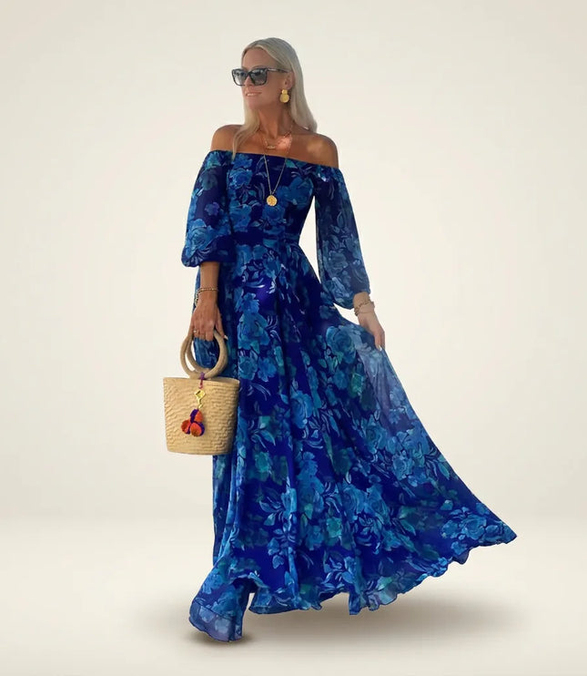Women navy floral maxi dress with off-shoulder neckline and three-quarter sleeves