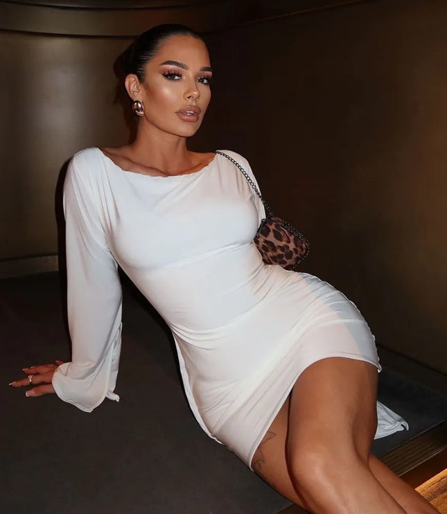 Women's Off Shoulder Ruched White Bodycon Mini Party Dress