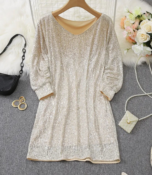 Women's Off-Shoulder Sequin Dolman Sleeve Mini Dress