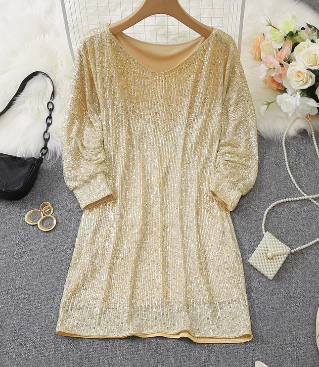 Women's Off-Shoulder Sequin Dolman Sleeve Mini Dress