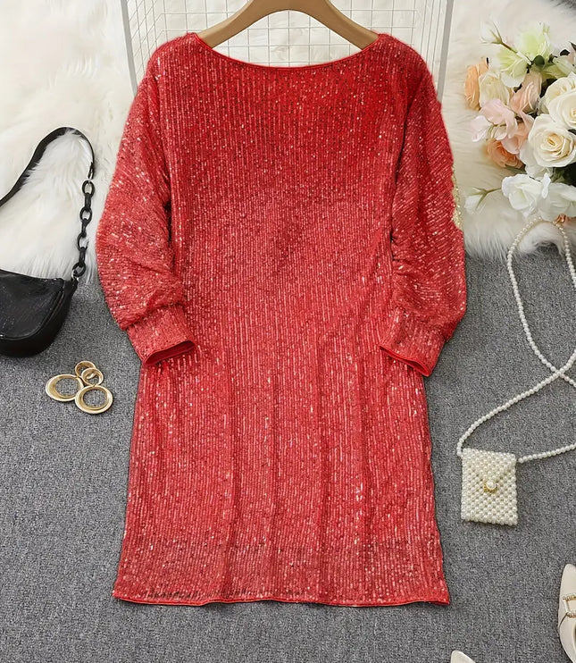 Women's Off-Shoulder Sequin Dolman Sleeve Mini Dress