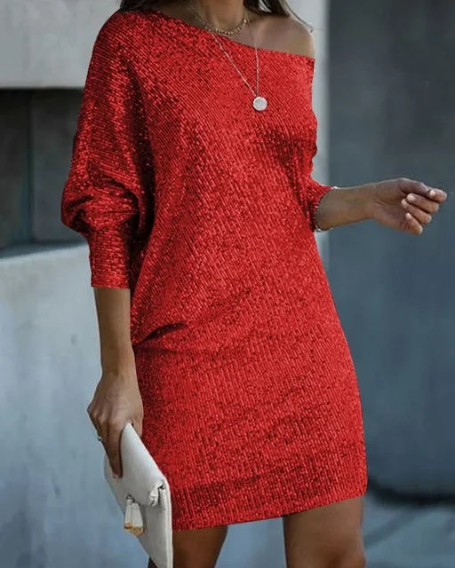 Women's Off-Shoulder Sequin Dolman Sleeve Mini Dress