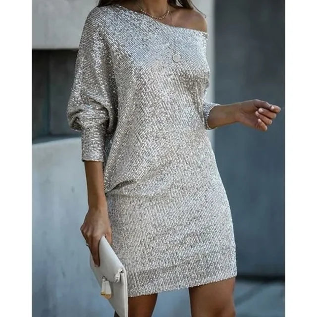 Women's Off-Shoulder Sequin Dolman Sleeve Mini Dress