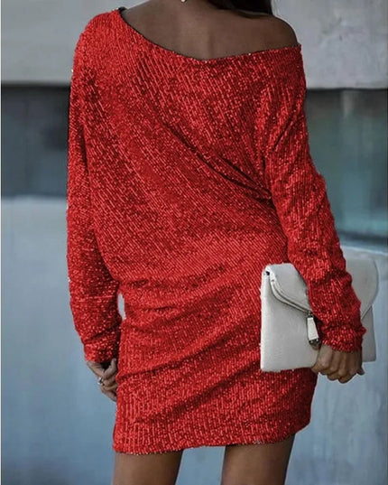 Women's Off-Shoulder Sequin Dolman Sleeve Mini Dress