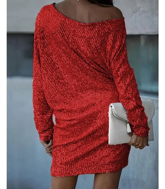 Women's Off-Shoulder Sequin Dolman Sleeve Mini Dress