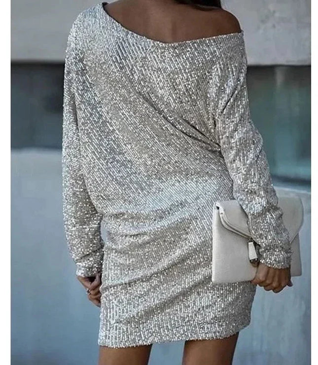 Women's Off-Shoulder Sequin Dolman Sleeve Mini Dress