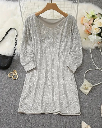 Women's Off-Shoulder Sequin Dolman Sleeve Mini Dress