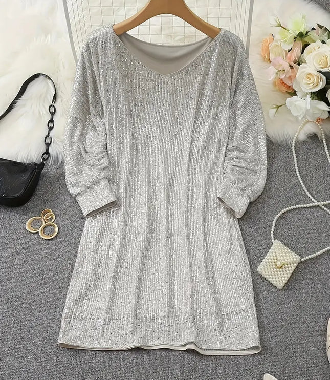 Women's Off-Shoulder Sequin Dolman Sleeve Mini Dress