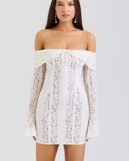 Women's Off Shoulder White Lace Mini Dress for Wedding Guests