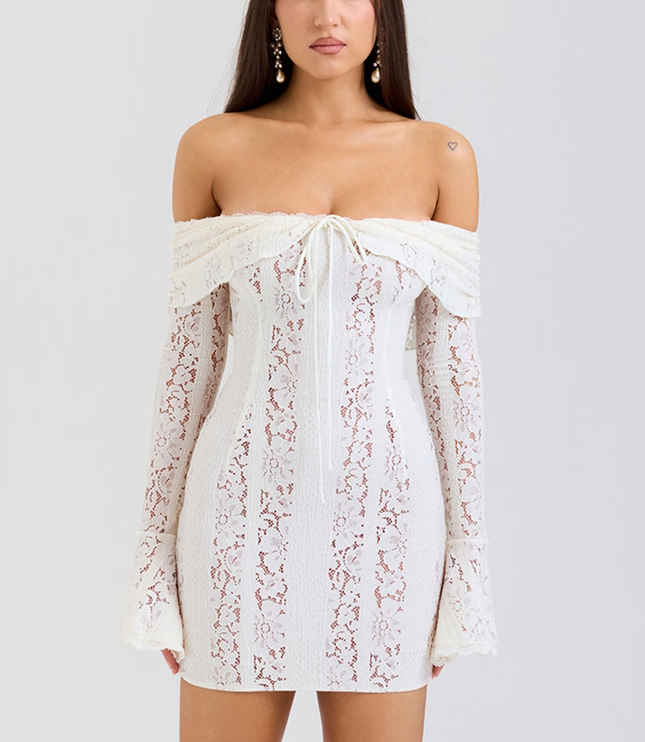 Women's Off Shoulder White Lace Mini Dress for Wedding Guests