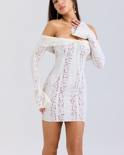 Women's Off Shoulder White Lace Mini Dress for Wedding Guests
