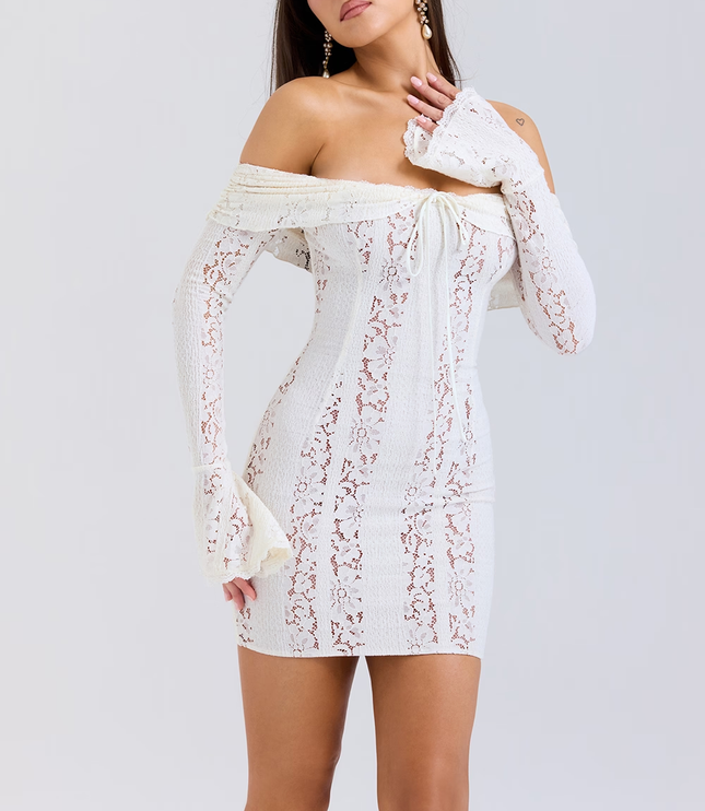Women's Off Shoulder White Lace Mini Dress for Wedding Guests
