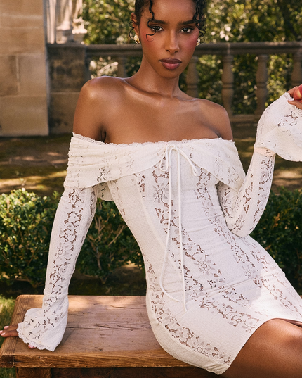 Women's Off Shoulder White Lace Mini Dress for Wedding Guests