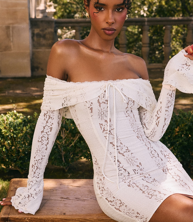 Women's Off Shoulder White Lace Mini Dress for Wedding Guests