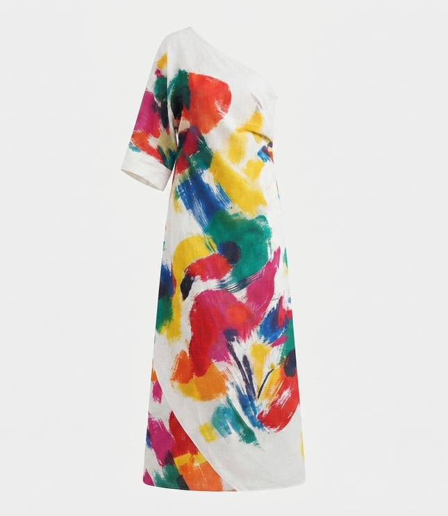 Women's One-Shoulder Abstract Print Maxi Dress
