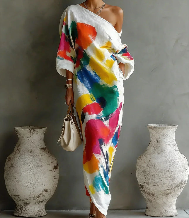 Women's One-Shoulder Abstract Print Maxi Dress