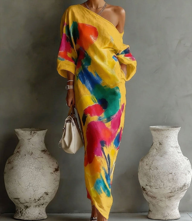 Women's One-Shoulder Abstract Print Maxi Dress