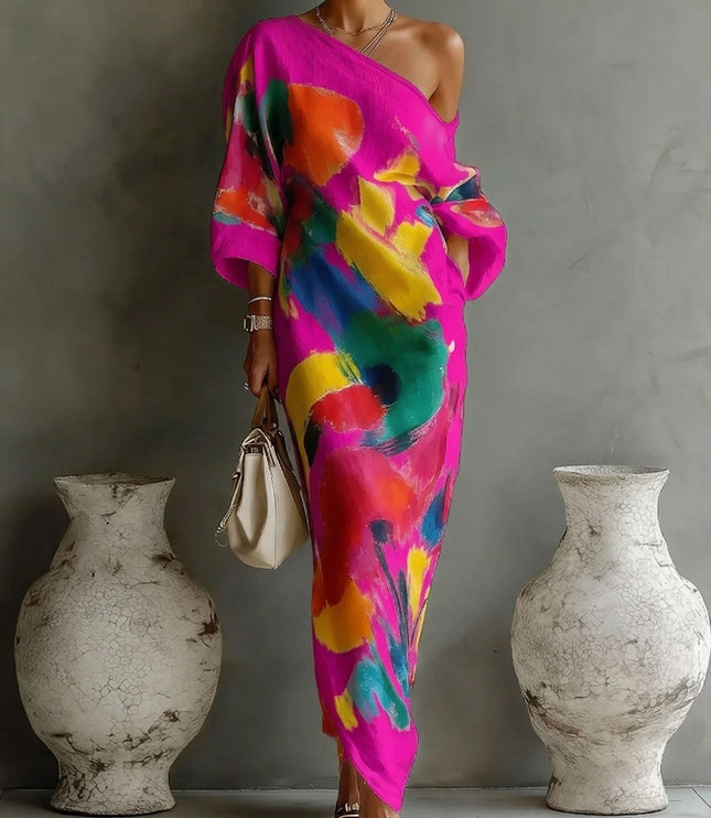 Women's One-Shoulder Abstract Print Maxi Dress