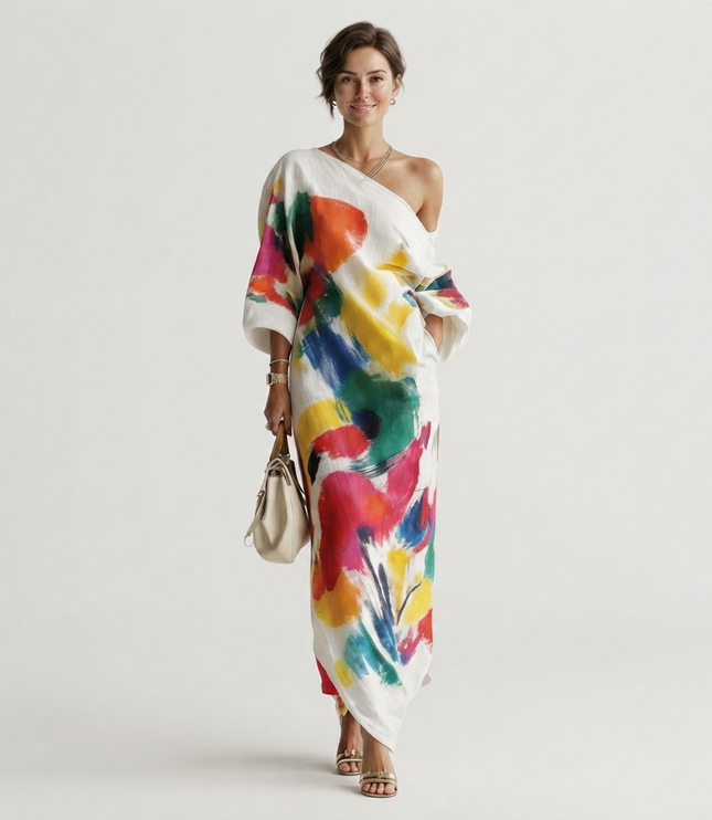 Women's One-Shoulder Abstract Print Maxi Dress