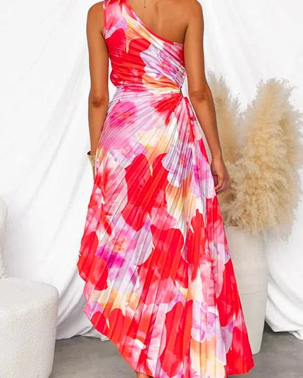 Women's One-Shoulder Floral Maxi Dress with Ruched Waist