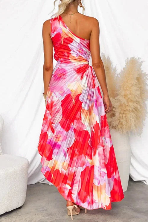 Women's One-Shoulder Floral Maxi Dress with Ruched Waist