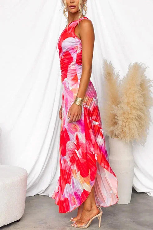 Women's One-Shoulder Floral Maxi Dress with Ruched Waist