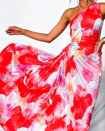 Women's One-Shoulder Floral Maxi Dress with Ruched Waist