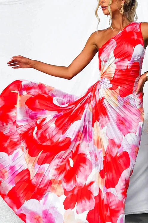 Women's One-Shoulder Floral Maxi Dress with Ruched Waist