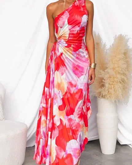 Women's One-Shoulder Floral Maxi Dress with Ruched Waist