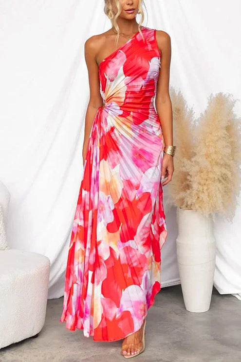 Women's One-Shoulder Floral Maxi Dress with Ruched Waist