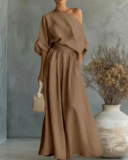 Women's One-Shoulder Linen-Look Top and Maxi Skirt Set