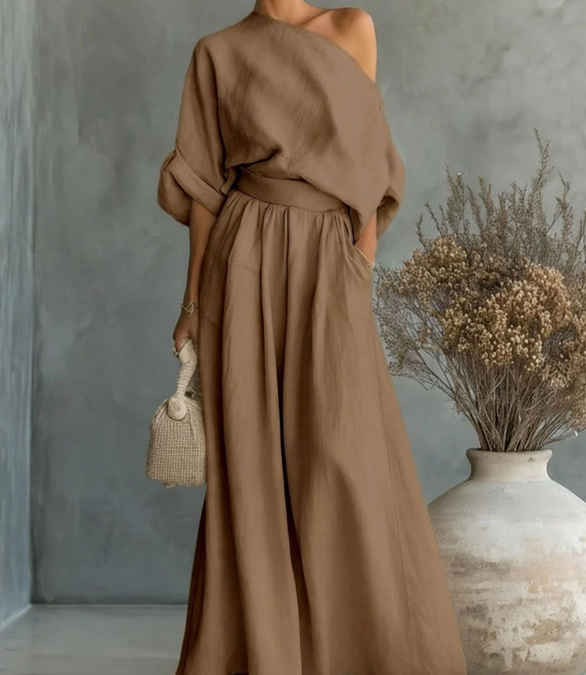 Women's One-Shoulder Linen-Look Top and Maxi Skirt Set