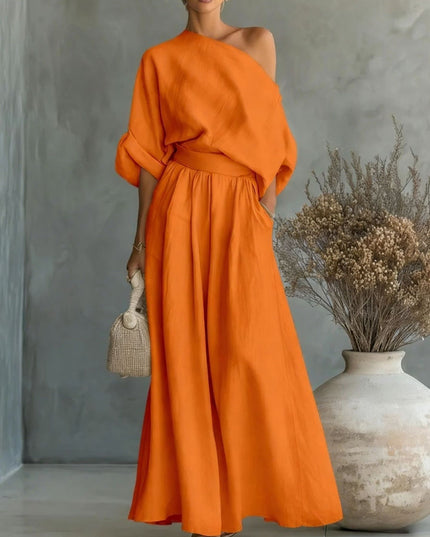 Women's One-Shoulder Linen-Look Top and Maxi Skirt Set