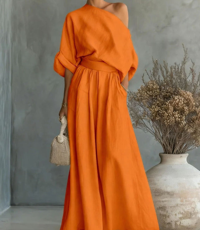 Women's One-Shoulder Linen-Look Top and Maxi Skirt Set