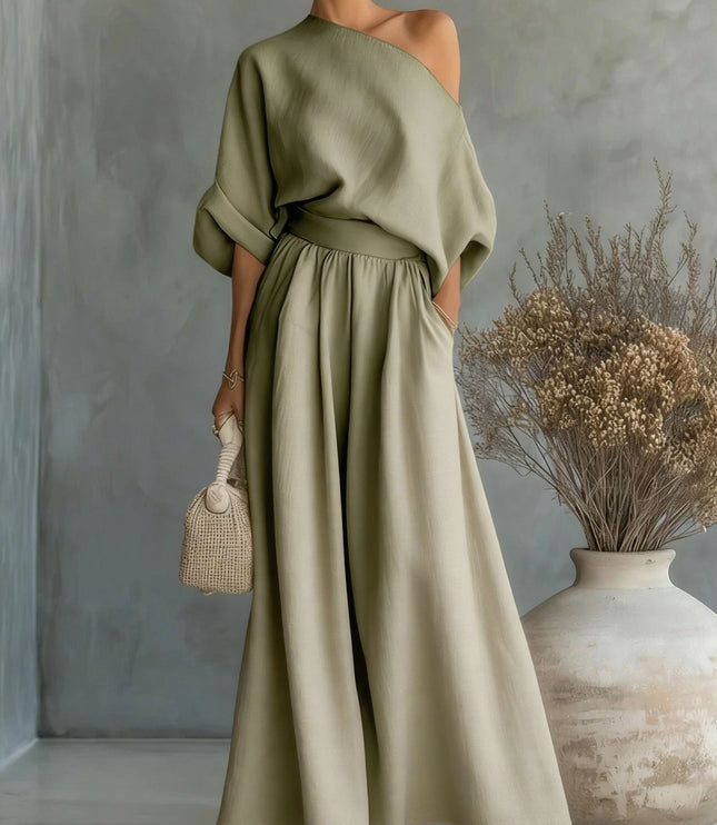 Women's One-Shoulder Linen-Look Top and Maxi Skirt Set