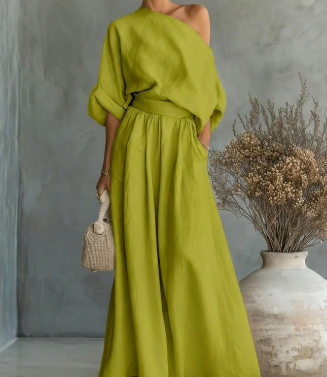 Women's One-Shoulder Linen-Look Top and Maxi Skirt Set